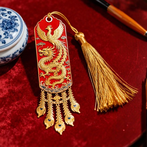 Dragon phoenix copper bookmark - dragon,